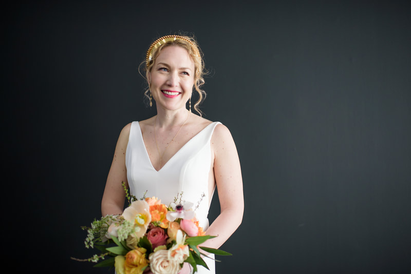 Blonde bride with bouquet